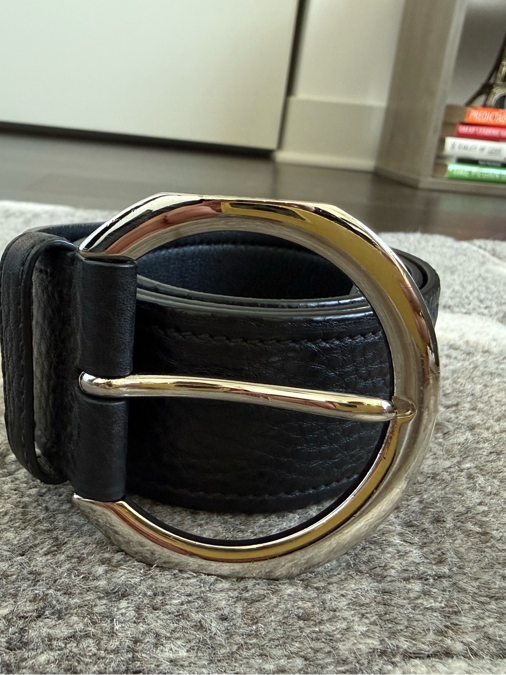 Prada Black Leather Belt with Silver O-Ring Buckle